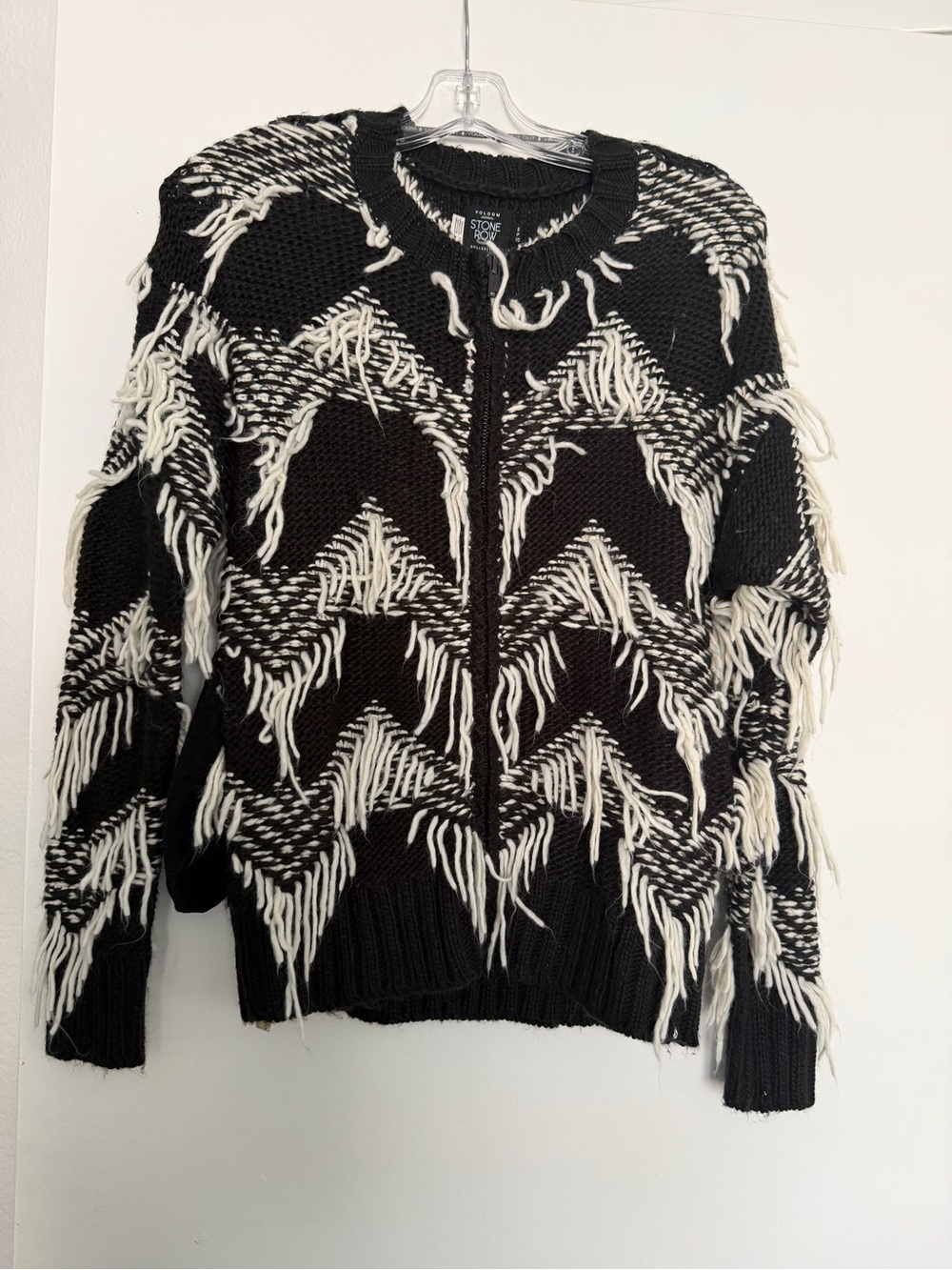 Volcom Black & White Fringe Zip-Front Knit Cardigan